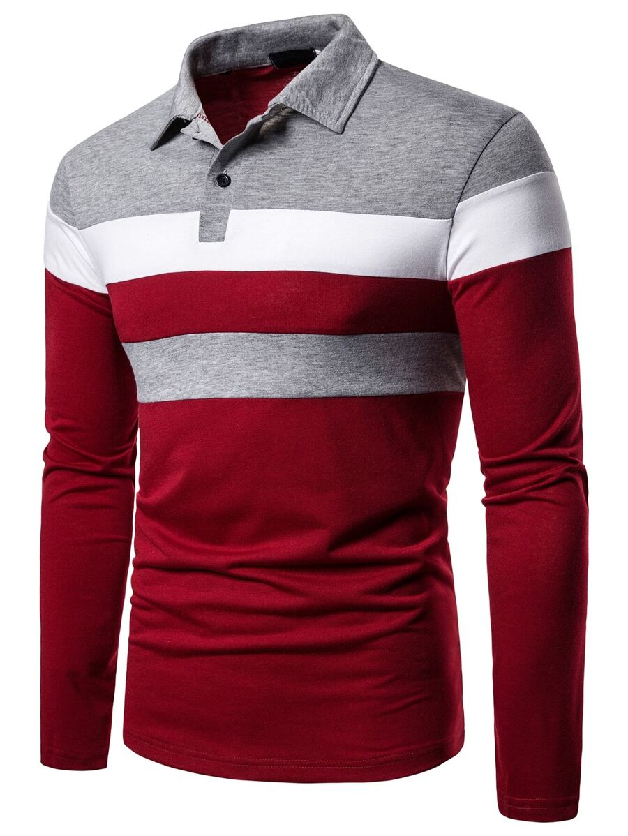 Manfinity Homme 男士拼色polo襯衫 - 酒紅色 - 查看 1