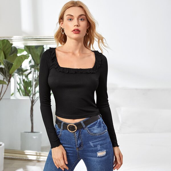 

Square Neck Ruffle Trim Rib-knit Tee, Black
