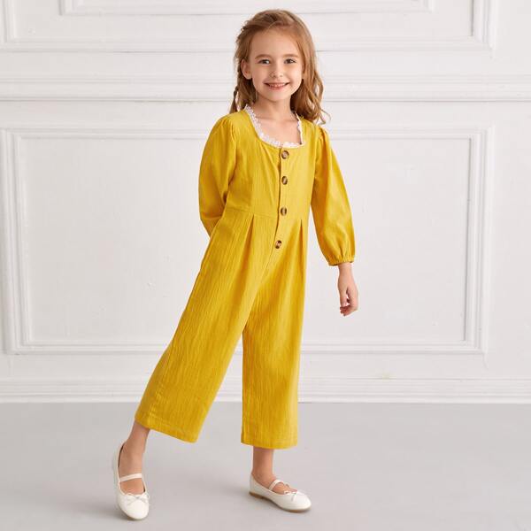 

Toddler Girls Contrast Lace Button Front Jumpsuit, Yellow