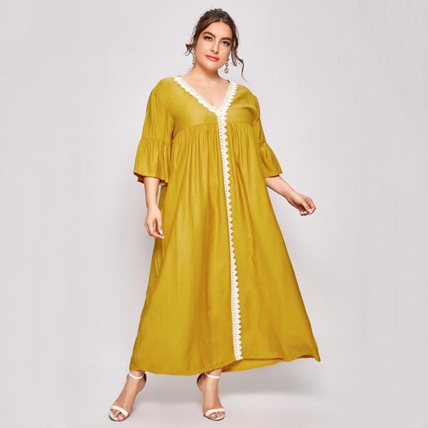 

Plus Contrast Lace Babydoll Dress, Mustard yellow
