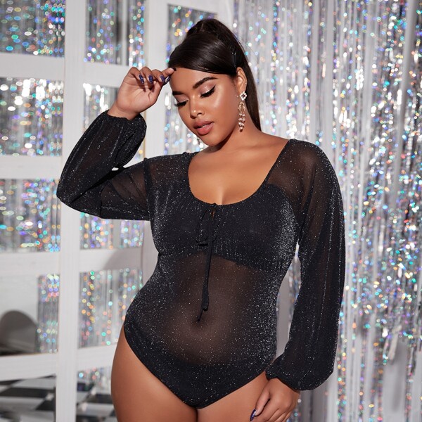 

Plus Glitter Scoop Neck Knot Front Sheer Bodysuit, Black