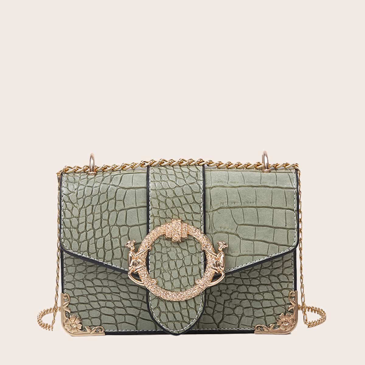 

Metal Decor Croc Embossed Chain Bag, Green