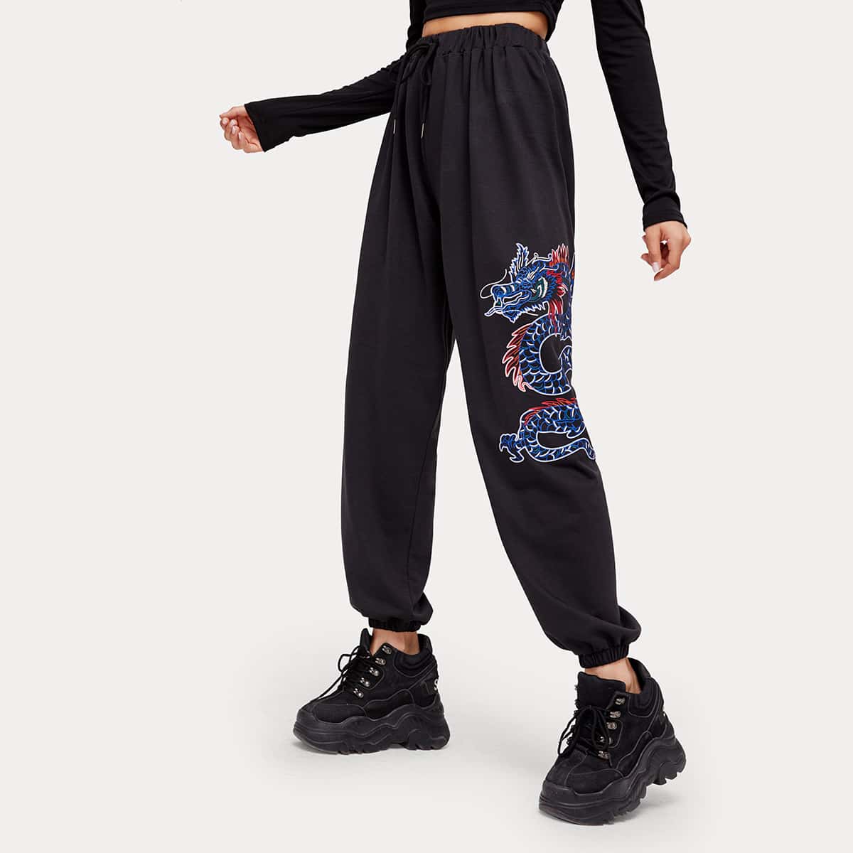 

Chinese Dragon Graphic Sweatpants, Black