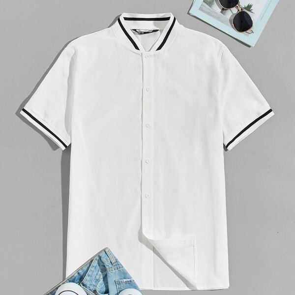 

Men Button Placket Striped Ringer Shirt, White
