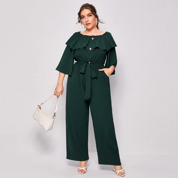 

Plus Ruffle Trim Self Tie Wide Leg Jumpsuit, Dark green