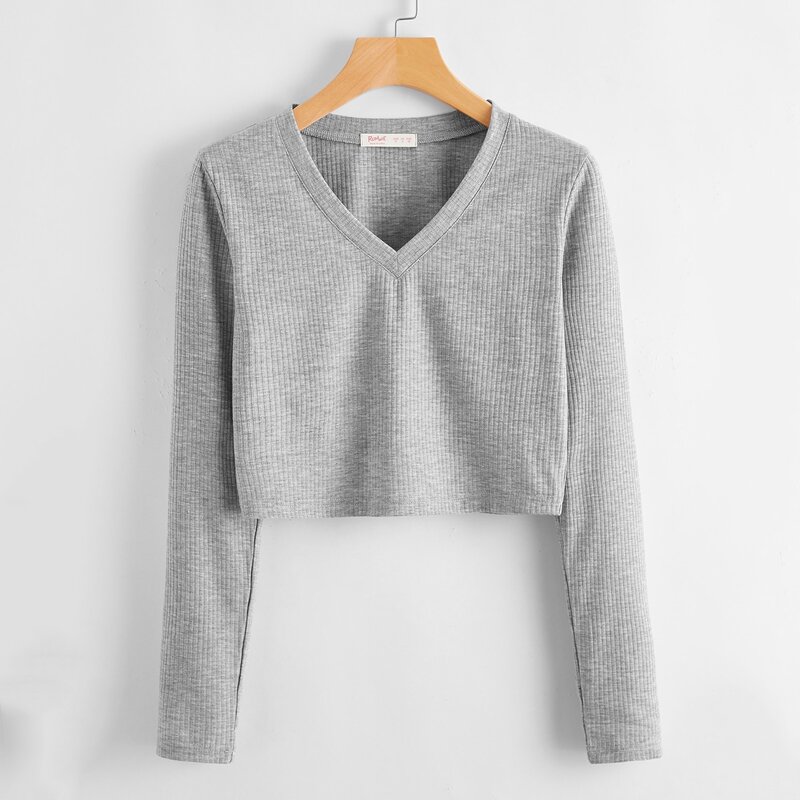 

V-neck Ribbed Tee, Light grey