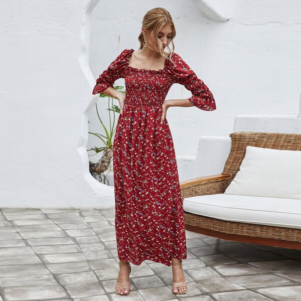 

Ditsy Floral Shirred Frill Milkmaid Dress, Burgundy