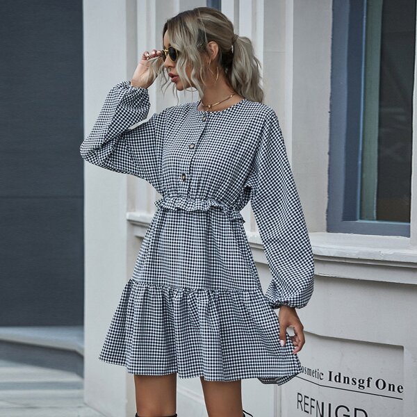 

Half Button Ruffle Hem Gingham Dress, Black and white