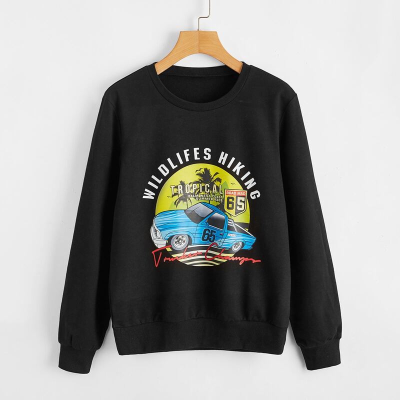

Car And Slogan Graphic Sweatshirt, Black
