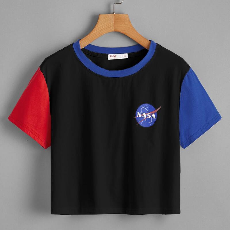

Colorblock Letter Graphic Crop Tee, Black