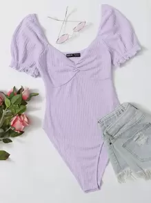 SHEIN EZwear Frilled Puff Sleeve Ruched Bust Rib-knit Bodysuit - Lilac Purple - View 1