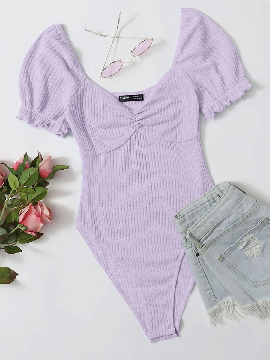 SHEIN EZwear Frilled Puff Sleeve Ruched Bust Rib-knit Bodysuit - Lilac Purple - View 1