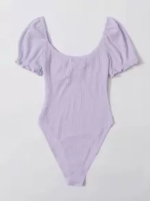 SHEIN EZwear Frilled Puff Sleeve Ruched Bust Rib-knit Bodysuit - Lilac Purple - View 2