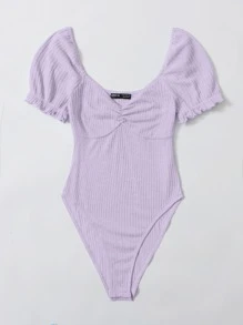 SHEIN EZwear Frilled Puff Sleeve Ruched Bust Rib-knit Bodysuit - Lilac Purple - View 3