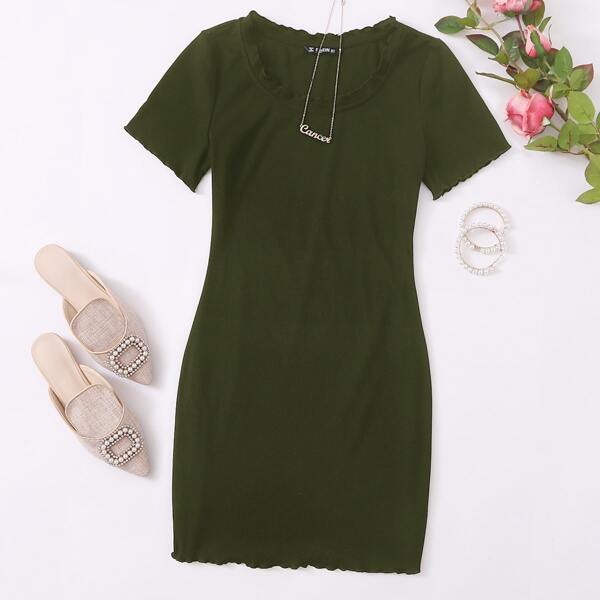 

Lettuce Trim Rib-knit Dress, Army green