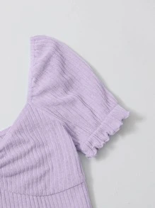 SHEIN EZwear Frilled Puff Sleeve Ruched Bust Rib-knit Bodysuit - Lilac Purple - View 5