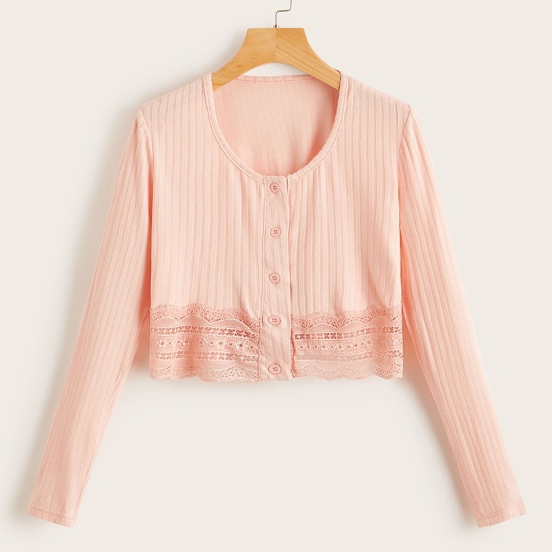 

Solid Lace Trim Tee, Baby pink