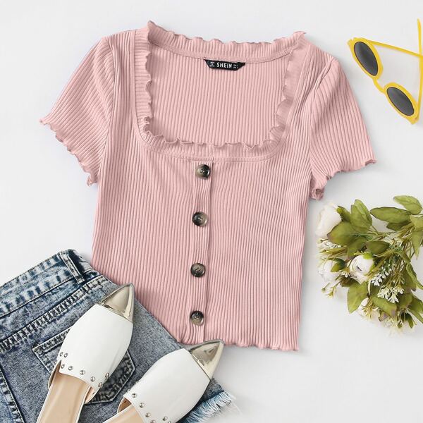 

Square Neck Lettuce Trim Button Front Rib-knit Tee, Baby pink