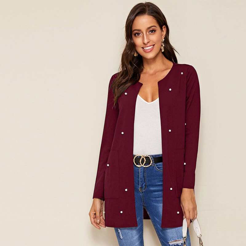 

Pearl Beaded Open Front Coat, Maroon