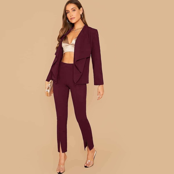 

Waterfall Collar Blazer and Split Hem Pants Set, Burgundy