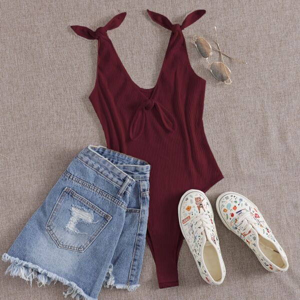 

Tie Shoulder and Front Rib-knit Bodysuit, Maroon