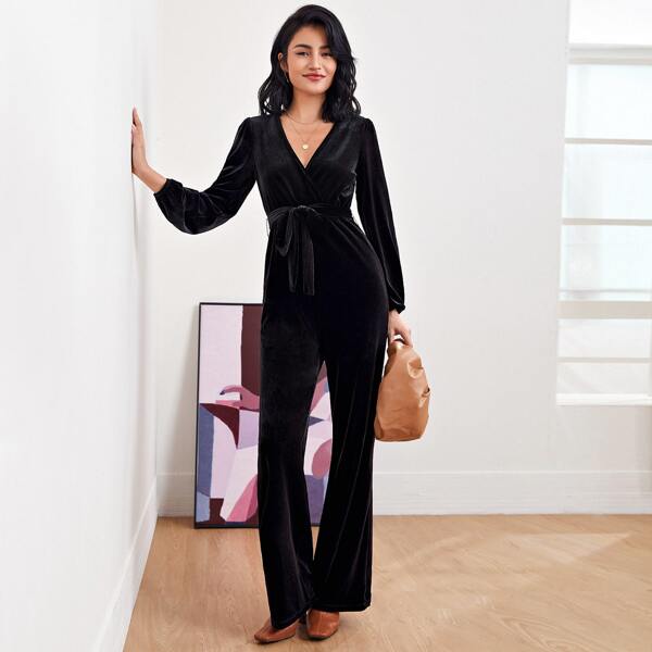 

Surplice Neck Self Belted Velvet Jumpsuit, Black