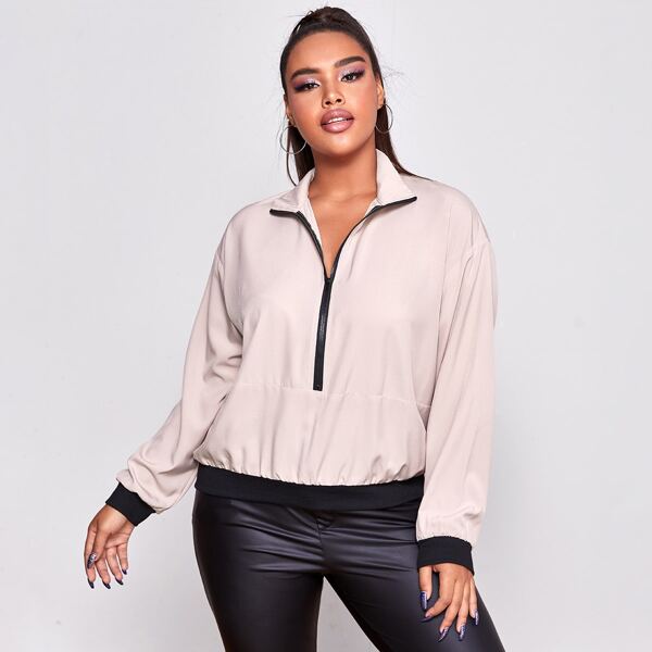 

Plus Half Zip Funnel Neck Sweatshirt, Pastel pink