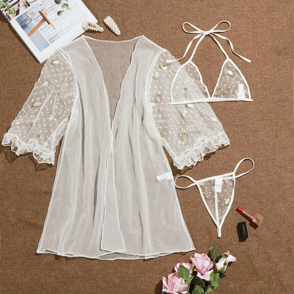 

Embroidered Swiss Dot Mesh Lingerie Set With Robe, White