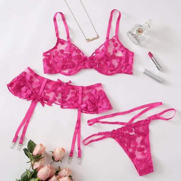 

Heart Embroidered Mesh Underwire Garter Lingerie Set, Hot pink
