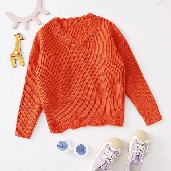 

Girls Ribbed Knit Ripped Sweater, Orange