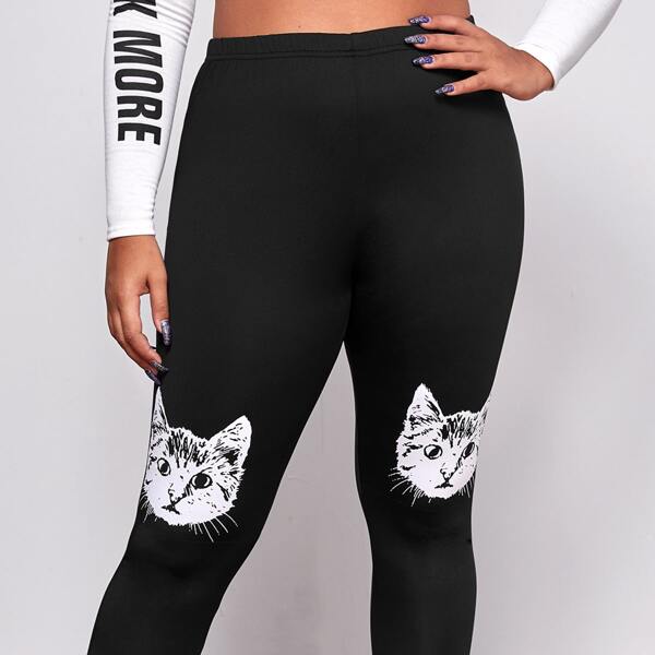 

Plus Cat Print Elastic Waist Leggings, Black