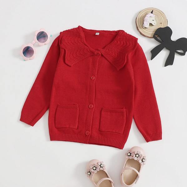

Toddler Girls Doll Collar Double Pocket Cardigan, Red