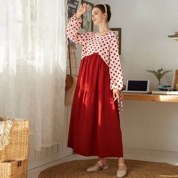 

Heart Print Spliced Tie Cuff Babydoll Dress, Red