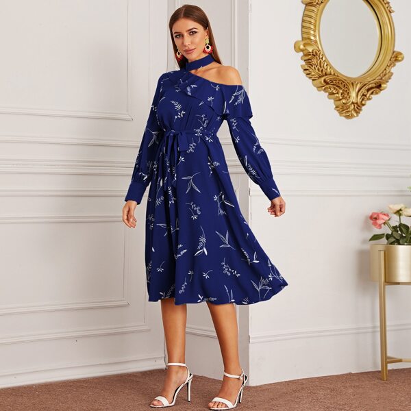 

Asymmetrical Neck Ruffle Trim Self Tie Plants Print Dress, Blue