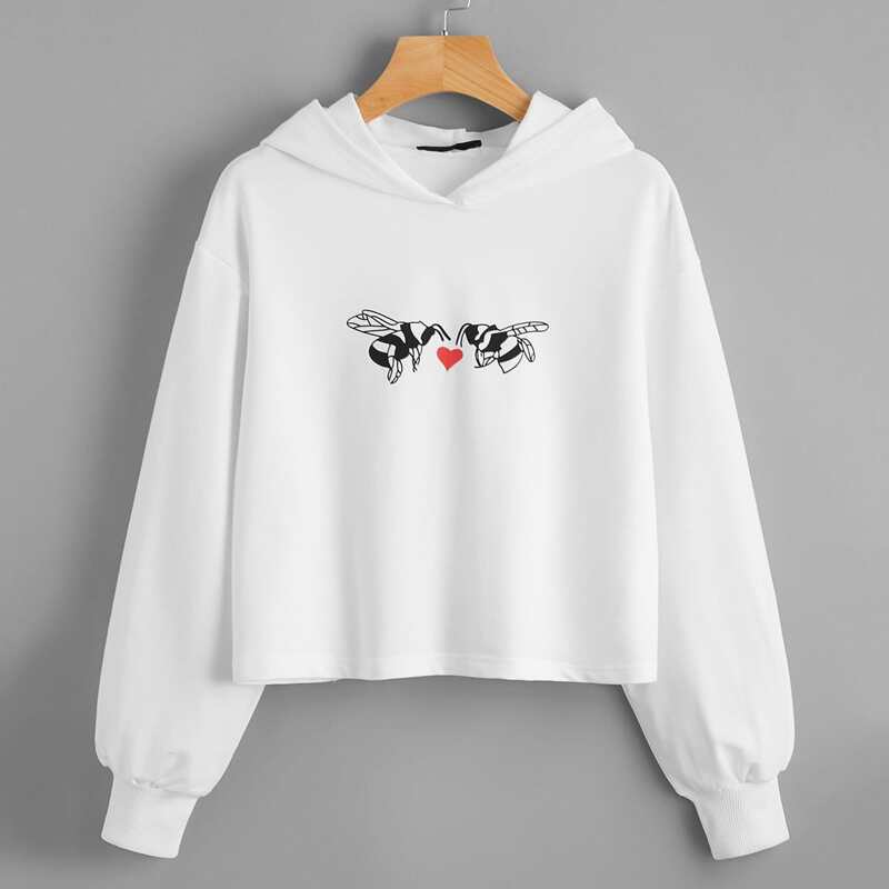

Drop Shoulder Heart & Animal Print Crop Hoodie, White