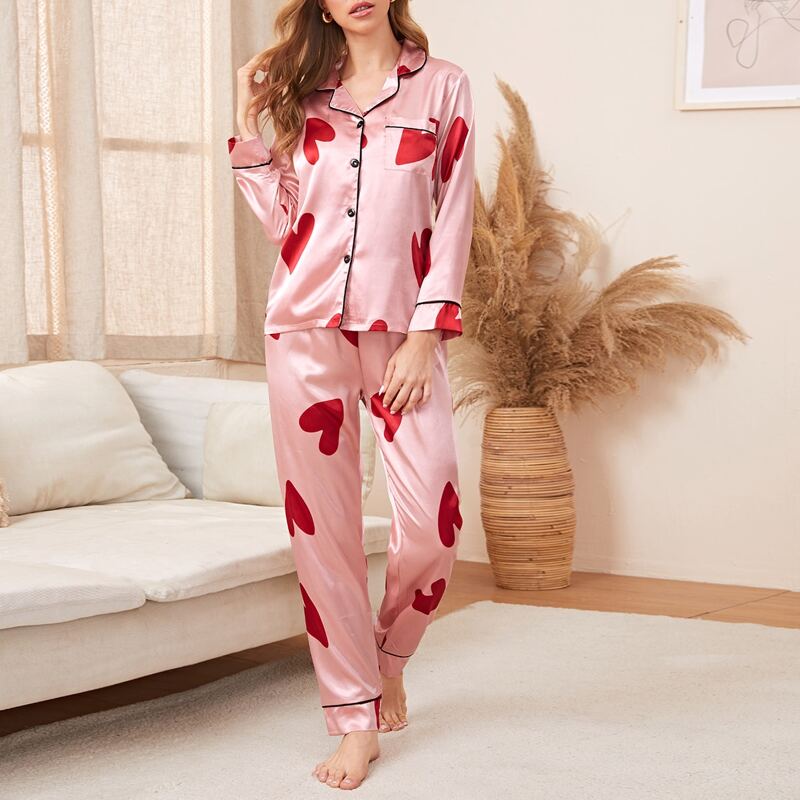 

Heart Print Button Front Satin PJ Set, Coral pink