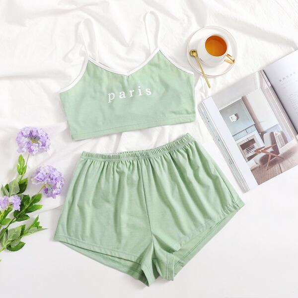 

Letter Graphic Contrast Binding Cami PJ Set, Lime green
