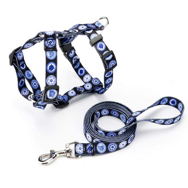

1pc Dog Chinese Porcelain Pattern Harness & 1pc Leash, Blue