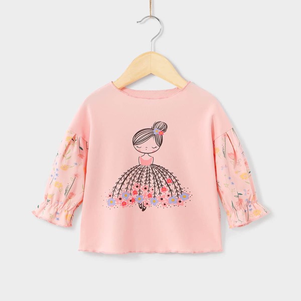 

Toddler Girls Cartoon Girl & Floral Print Tee, Baby pink