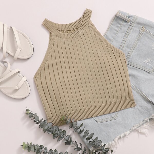 

Plus Solid Crop Halter Knit Top, Khaki