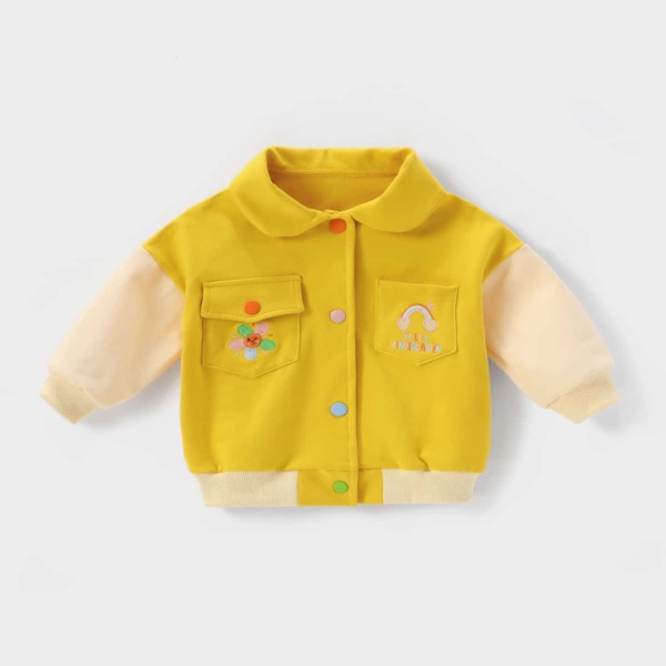 

Toddler Girls Color Block Cartoon Embroidery Jacket, Mustard yellow