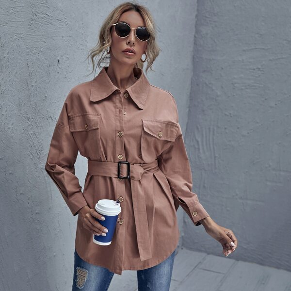 

Flap Pocket Buckle Belted Curved Hem Coat, Dusty pink