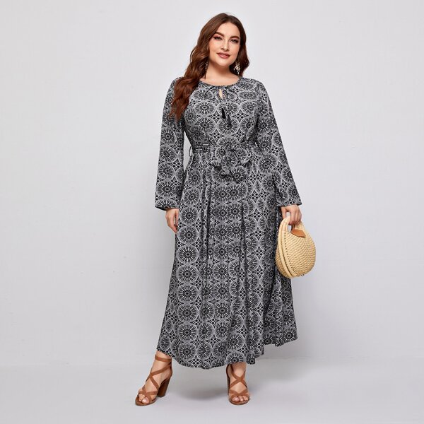 

Plus Tassel Tie Neck Tribal Print Belted Dress, Black and white