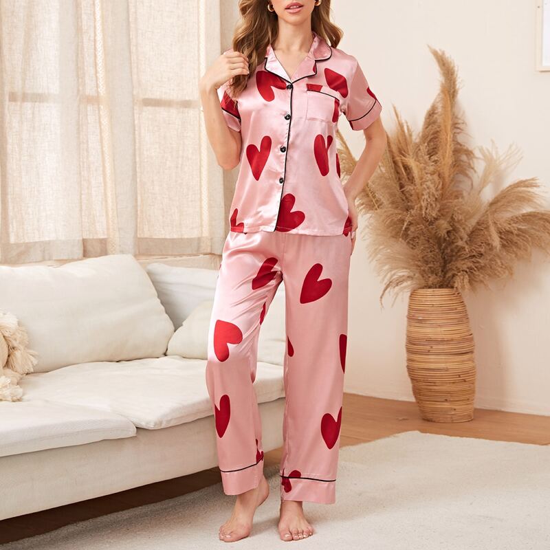 

Heart Print Button Front Satin PJ Set, Dusty pink