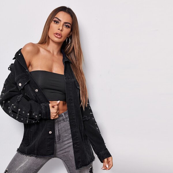 

Ripped Raw Hem Garment Eyelets Pin Detail Denim Jacket, Black