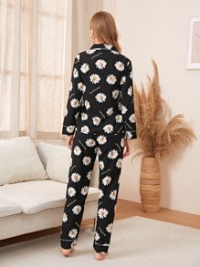 Sunflower Print Button Front Top & Pants PJ Set / Pajama Set, Fall Winter Clothes - Black - View 2