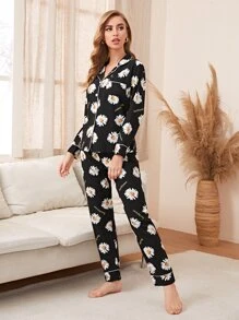 Sunflower Print Button Front Top & Pants PJ Set / Pajama Set, Fall Winter Clothes - Black - View 3