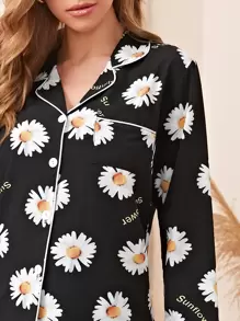 Sunflower Print Button Front Top & Pants PJ Set / Pajama Set, Fall Winter Clothes - Black - View 4