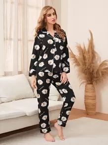 Sunflower Print Button Front Top & Pants PJ Set / Pajama Set, Fall Winter Clothes - Black - View 5