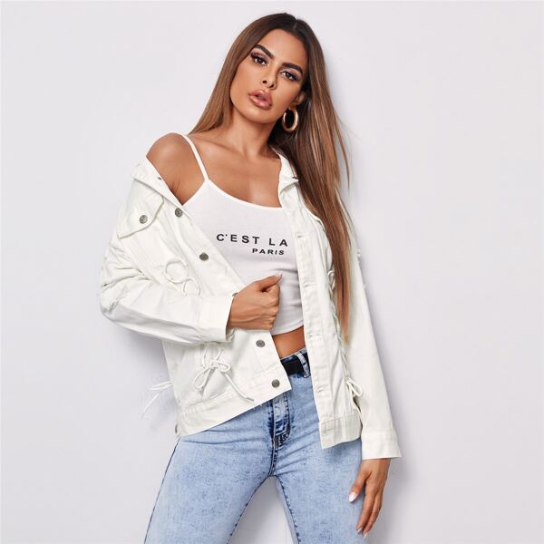 

Button Front Lace Up Ripped Denim Jacket, White